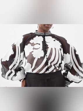 Karen Millen Black Sheer Floral Embroidered Blouse NWT